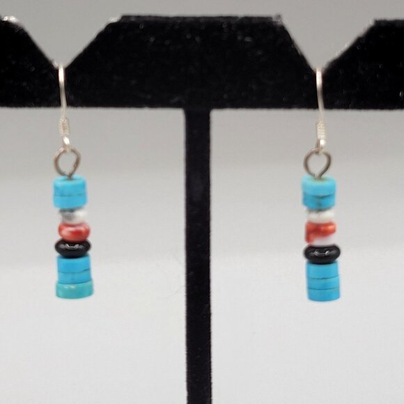 Turquoise Spiny Oyster Onyx Sterling Silver Beaded Dangle Earrings Southwestern - Picture 3 of 6